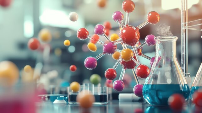 Colorful molecular models in a lab setting with beakers, representing chemical research.