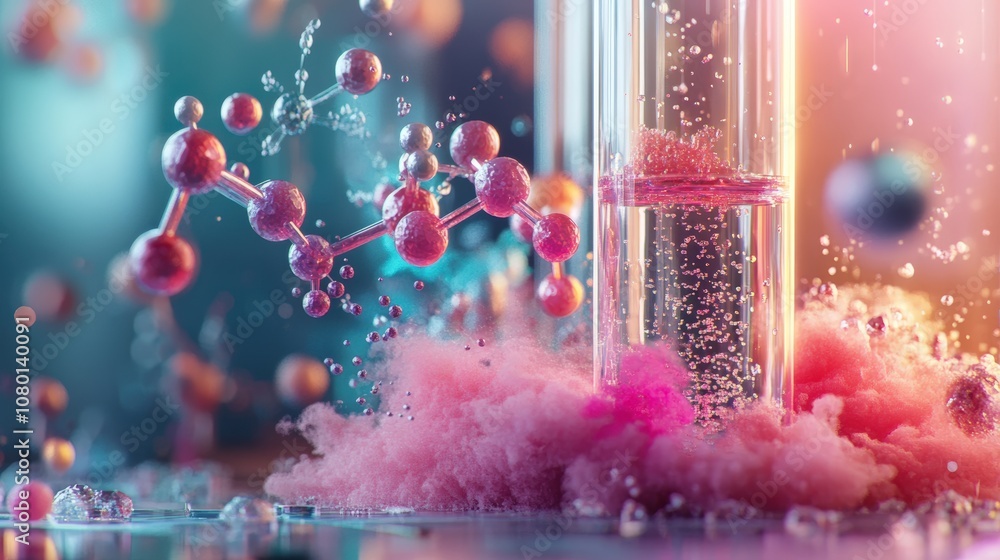 Poster colorful molecular structure and reaction in a laboratory setting with test tubes.
