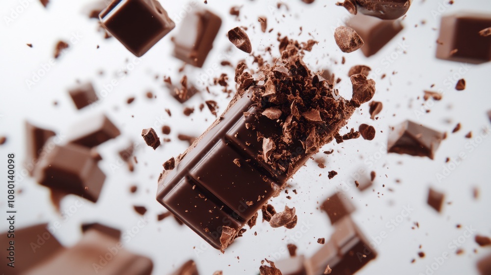 Poster a chocolate bar is being smashed into pieces, creating a messy and chaotic scene