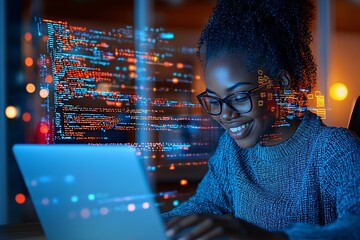 Woman Coding on Laptop with Digital Overlay Design