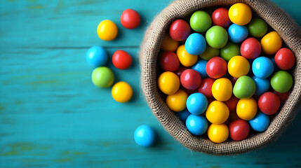 Obraz premium Colorful Candies in a Bag on a Blue Wooden Table - Illustration