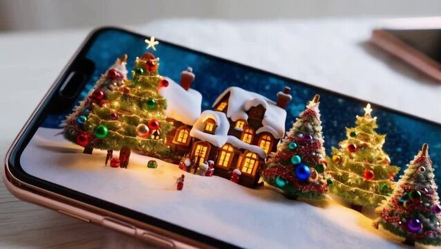 Here&rsquo;s a concept for a short, professional 3D-rendered video based on the description "Smartphone with Christmas village and snowfall. 3D rendering. Cute miniature Christmas winter village. Christmas 
