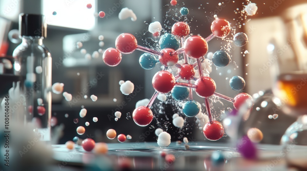 Poster colorful molecular structure with dynamic atoms in a laboratory setting.