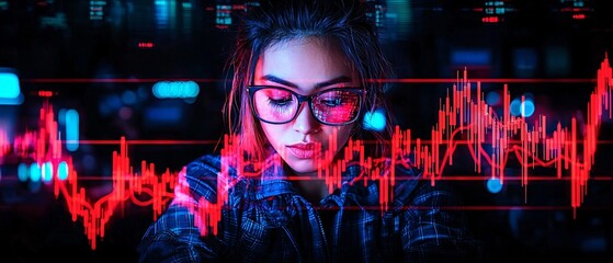 Young Woman Analyzing Data with Futuristic Graphics