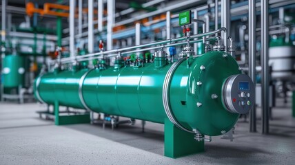 Naklejka premium Hydrogen fuel cell plant, green energy technology in industrial setting, zerocarbon output, 3D illustration