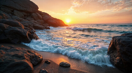 Obraz premium Scenic Rocky Beach at Sunrise with Waves Gently Crashing Against the Shoreline, Illuminated by Warm Golden Light