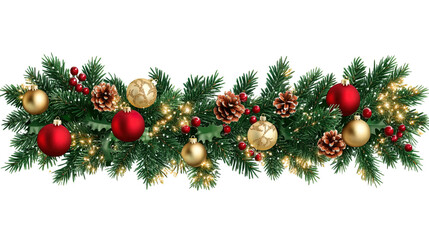 A Festive Christmas Wreath Adorned with Red & Gold Balls, Pinecones, Berries, and Lights, Set Against a Clean White Background