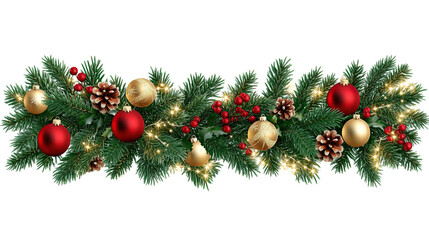 A Festive Christmas Wreath Adorned with Red & Gold Balls, Pinecones, Berries, and Lights, Set Against a Clean White Background