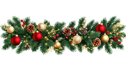 A Festive Christmas Wreath Adorned with Red & Gold Balls, Pinecones, Berries, and Lights, Set Against a Clean White Background