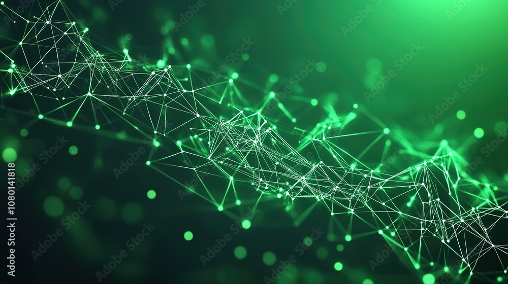 Poster green abstract background with a network grid and particles connected. sci-fi digital technology wit