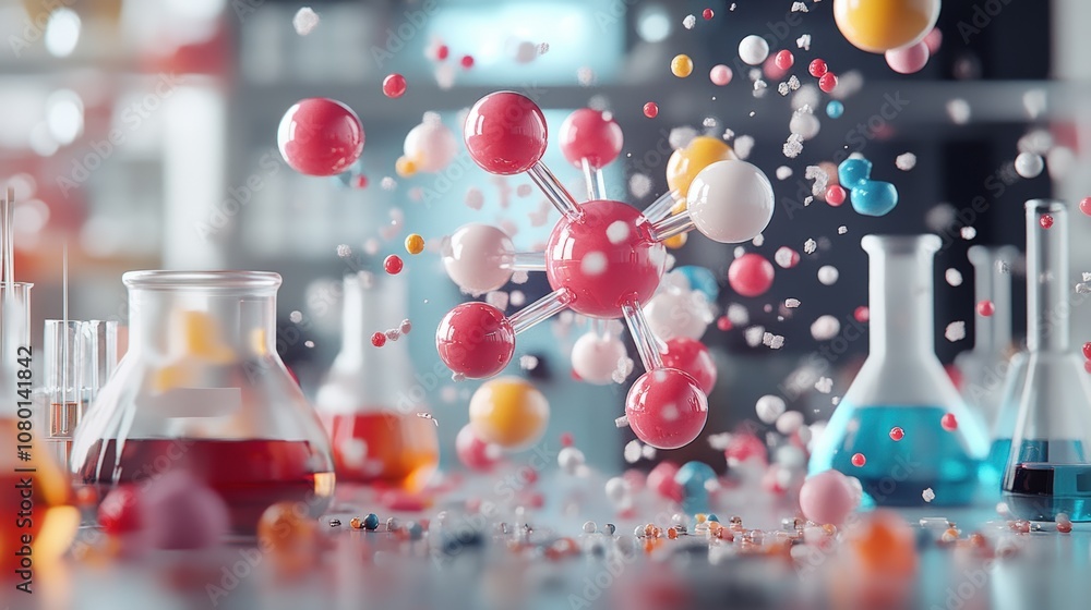 Poster colorful molecules floating in a laboratory setting with beakers and test tubes.