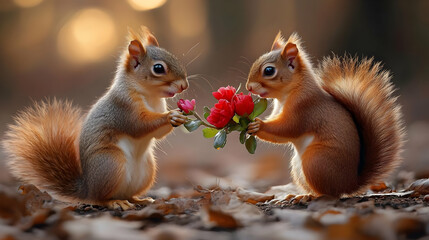 Two Squirrels Exchange Flowers - Realistic Image