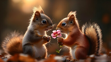 Cute Squirrels Sharing a Flower Realistic Image