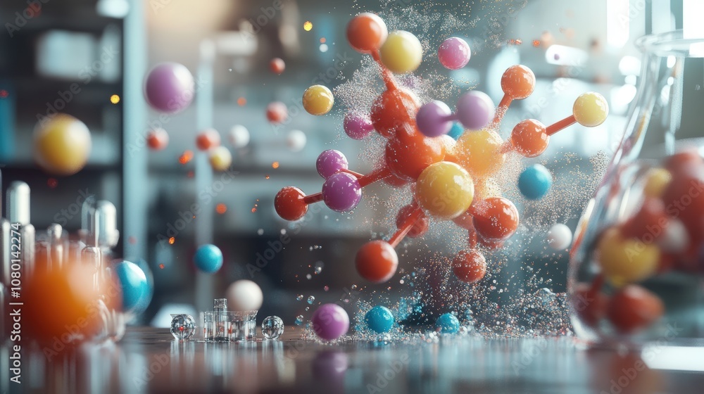 Poster colorful molecules in motion creating dynamic scientific imagery in a lab setting.