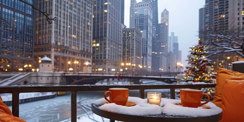 A cozy winter scene in Chicago, with a snow-covered cityscape and river view from an outdoor cafe...