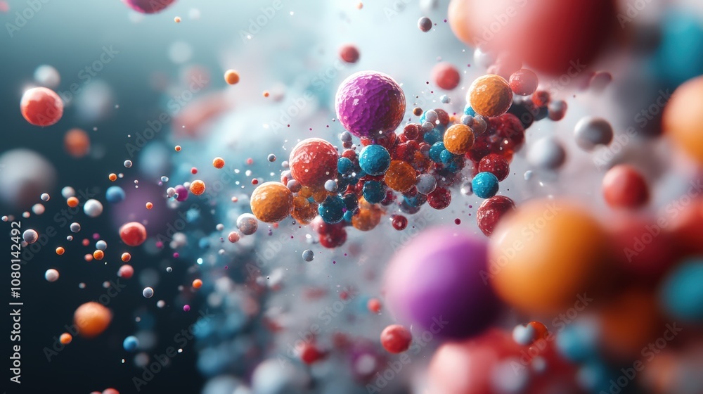 Aufkleber dynamic abstract spheres in vibrant colors floating in space, creating a futuristic visual effect.