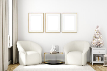 Mockup living room interior, Christmas mockup, 3d render