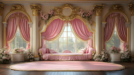 Pink and Gold Room with Window and Couch - 3D Illustration