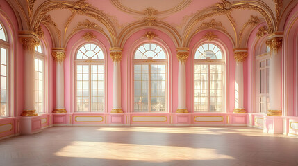 Fototapeta premium Pink Ballroom with Gold Trim - 3D Render