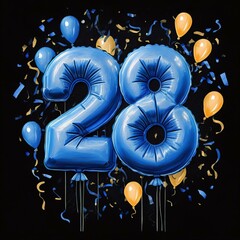 Blue birthday / anniversary balloon, number 28, black background with confetti