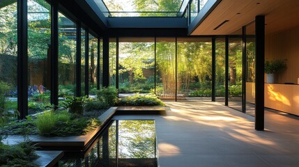 Modern home interior with large windows showcasing a lush green garden and reflecting pool.