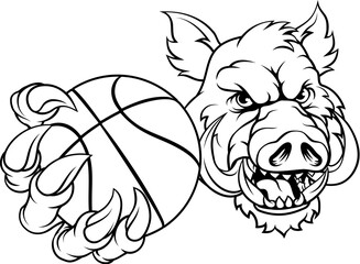A wild boar, hog razorback warthog pig mean tough cartoon sports mascot holding a basketball ball