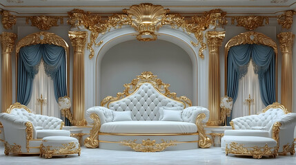 Ornate Gold and White Interior Design 3D Illustration