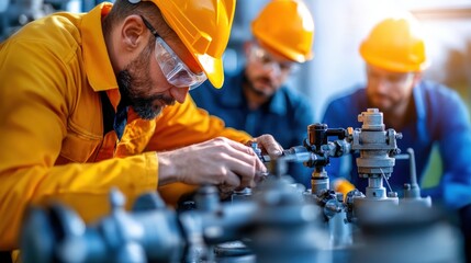 Focused engineers in safety gear work together on a complex industrial machinery setup, emphasizing precision, teamwork, and advanced technological processes.