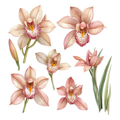 Set of watercolor cymbidium orchids on a white background