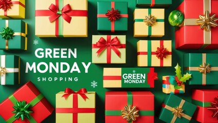 Festive green monday shopping extravaganza holiday gifts and decorations vibrant colorful environment aerial view of cheerful scene