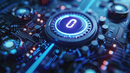 Fototapeta premium A close-up of a futuristic circuit board with glowing elements and a central illuminated symbol.