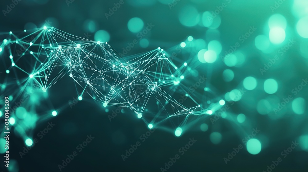 Poster green abstract background with a network grid and particles connected. sci-fi digital technology wit