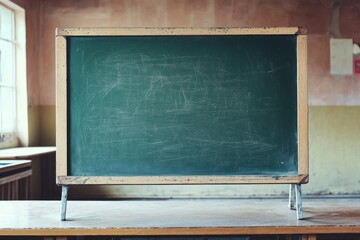 Vintage Classroom Chalkboard in a Rustic Setting with Natural Light Illuminating the Scene