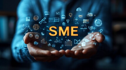 Businessman holding the hologram word SME in his hands