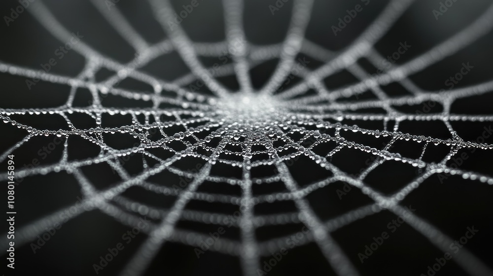 Poster close-up of a spider web adorned with dew droplets.