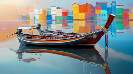 Obraz premium Vibrant Wooden Boat with Colorful Reflection in Water