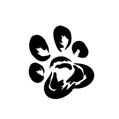 A black silhouette of a paw print on a white background illustrating a playful canine or cat footprint