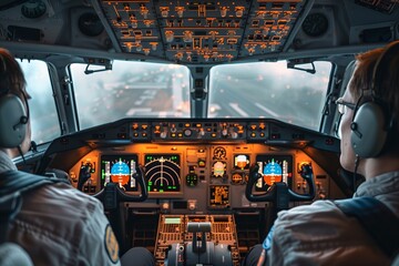 Pilots navigating the cockpit of an aircraft during takeoff in cloudy weather