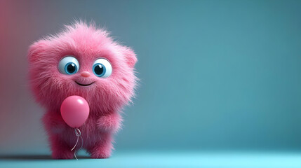 Fototapeta premium Cute Pink Furry Creature with Balloon - 3D Illustration