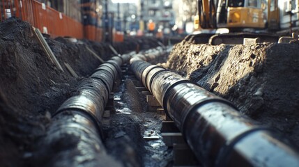 A close-up of a water pipeline being installed in a construction trench at an urban site.