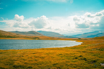 Mountain panorama of beautiful valley in Altai mountains. Altai Mountain range, North Altai, Gorny Altai republic, Russia.