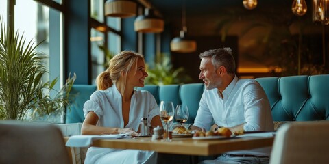 A man and woman are sitting at a table in a restaurant, smiling and enjoying each other's company