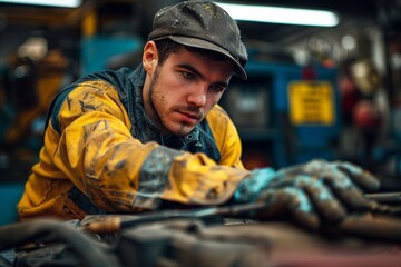 Young car mechanic focuses on engine repair in a busy workshop on a weekday
