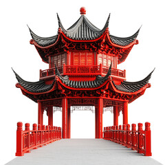 A stunning red pagoda with intricate designs and a serene wooden bridge in front. isolate on white background