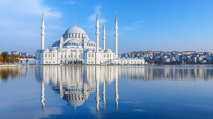 Fototapeta premium A white mosque with four minarets reflected in a still lake under a blue sky.