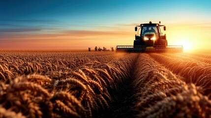 Obraz premium A tractor harvests golden wheat in a sunlit field as the sky burns with sunrise hues, showcasing the symbiosis of nature and technology in agriculture.
