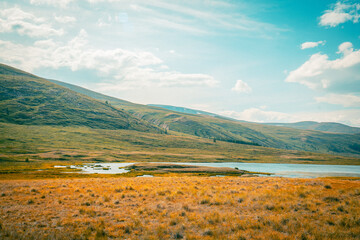 Mountain panorama of beautiful valley in Altai mountains. Altai Mountain range, North Altai, Gorny...