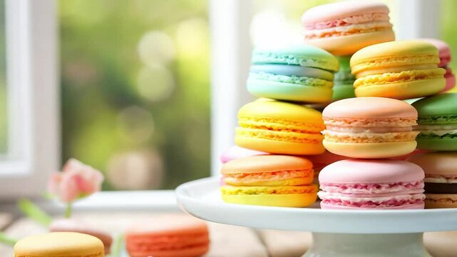 Selection of colorful macarons arranged on a cake stand at bake sale tempt passersby	