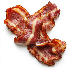 Crispy, cooked bacon strips arranged atop one another, showcasing their rich color and texture on a plain background.