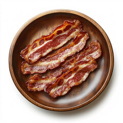 Crispy bacon strips arranged neatly in a round wooden bowl, showcasing a delicious, savory breakfast option.